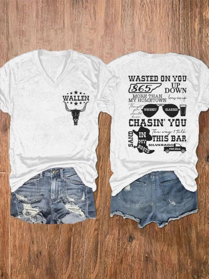 Women's Wallen Wasted On You Shirt Country Music Print V-Neck T-Shirt