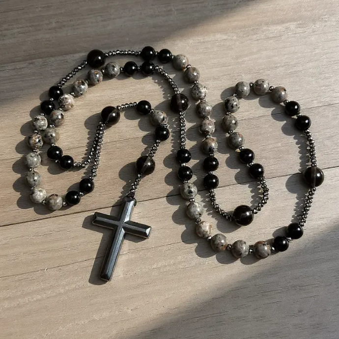 Natural Obsidian Yooperlite RosaryNecklace, UV Reactive EnergyProtection Healing Crystal