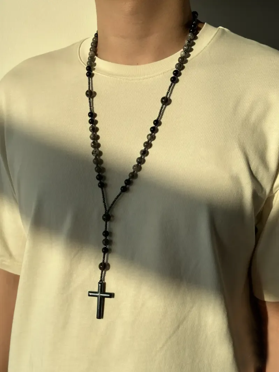 Natural Obsidian Yooperlite RosaryNecklace, UV Reactive EnergyProtection Healing Crystal