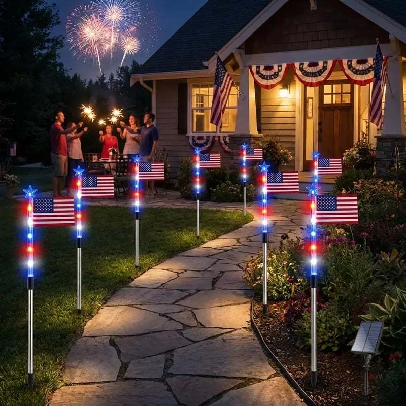 🔥8 Solar American Flag Pathway Lights – Red, White & Blue Yard Glow✨