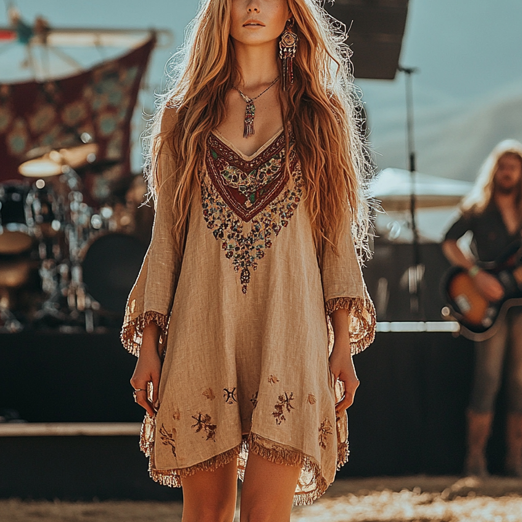 Coachella Music Festival Rock Party Carnival Vintage Wilderness Ethnic Bohemian Linen Dress