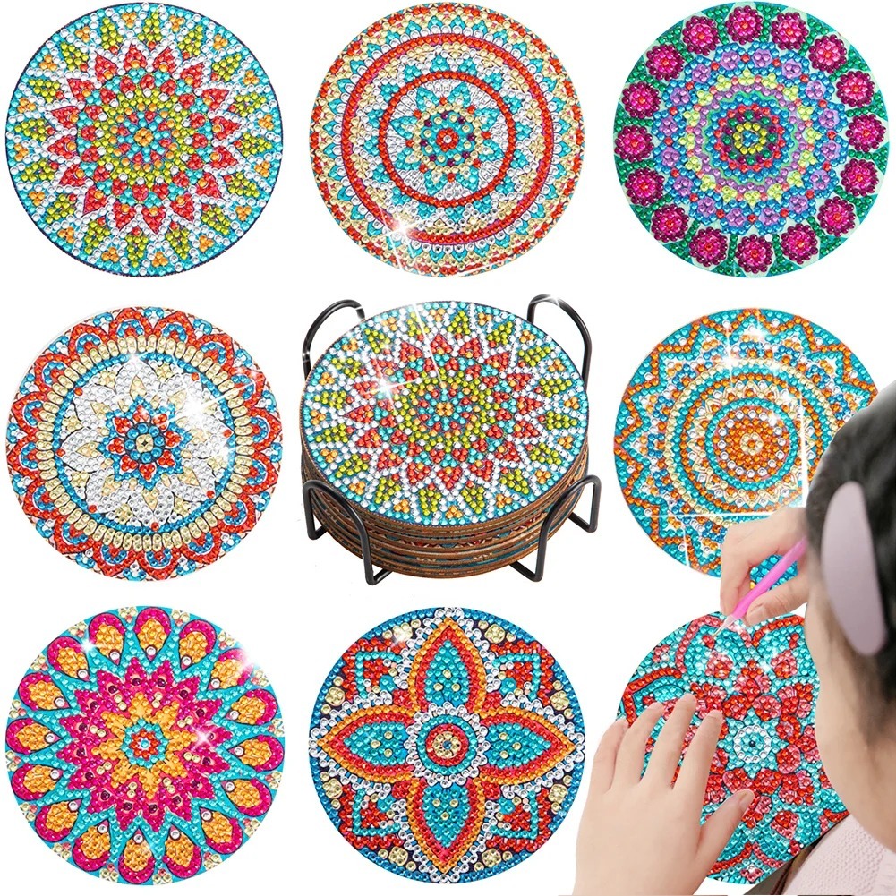 8pcs DIY Diamond Painting Coaster Mandala Wooden Cup Coaster