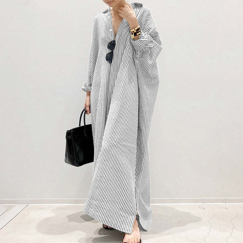 New cotton and linen striped cardigan loose large size temperament commuter irregular dress