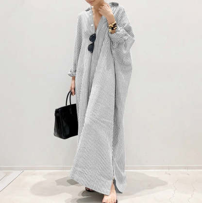 New cotton and linen striped cardigan loose large size temperament commuter irregular dress