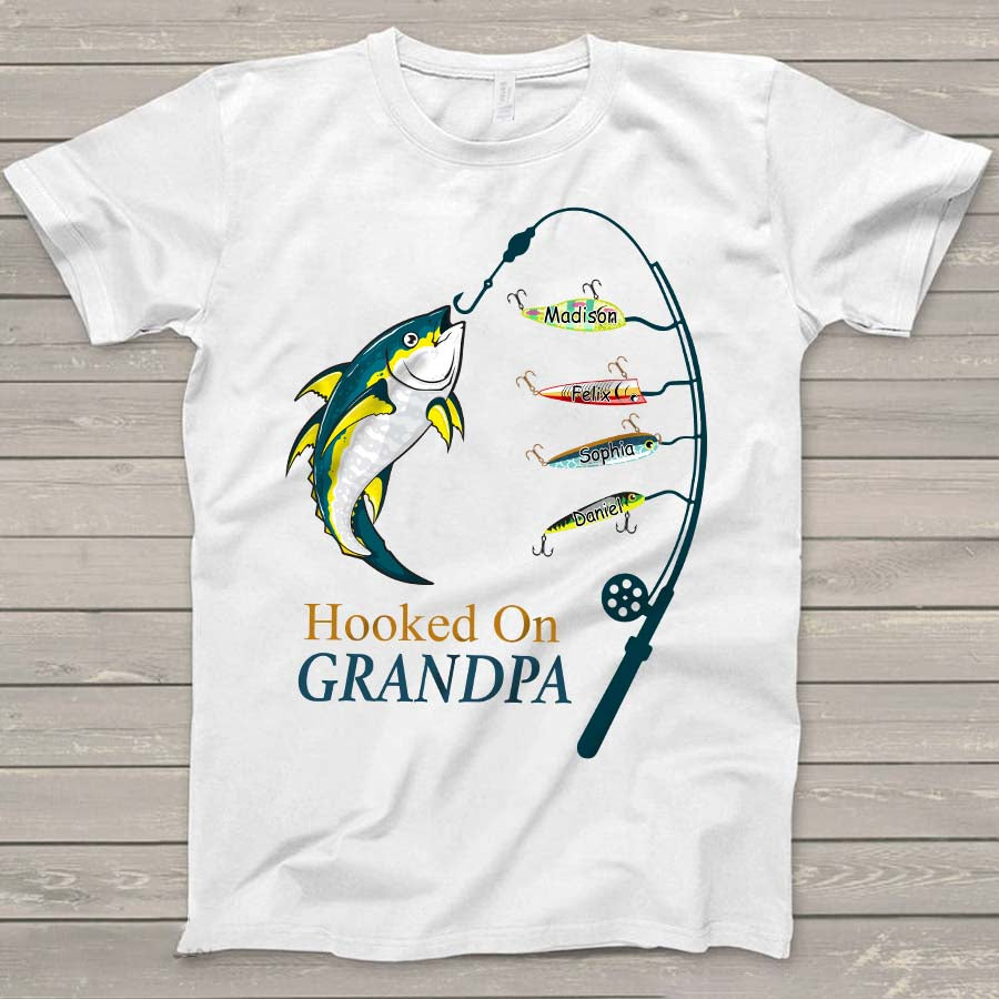 Personalized Hooked On Grandpa Shirt, Fishing Dad Shirt, Father's Day Shirt