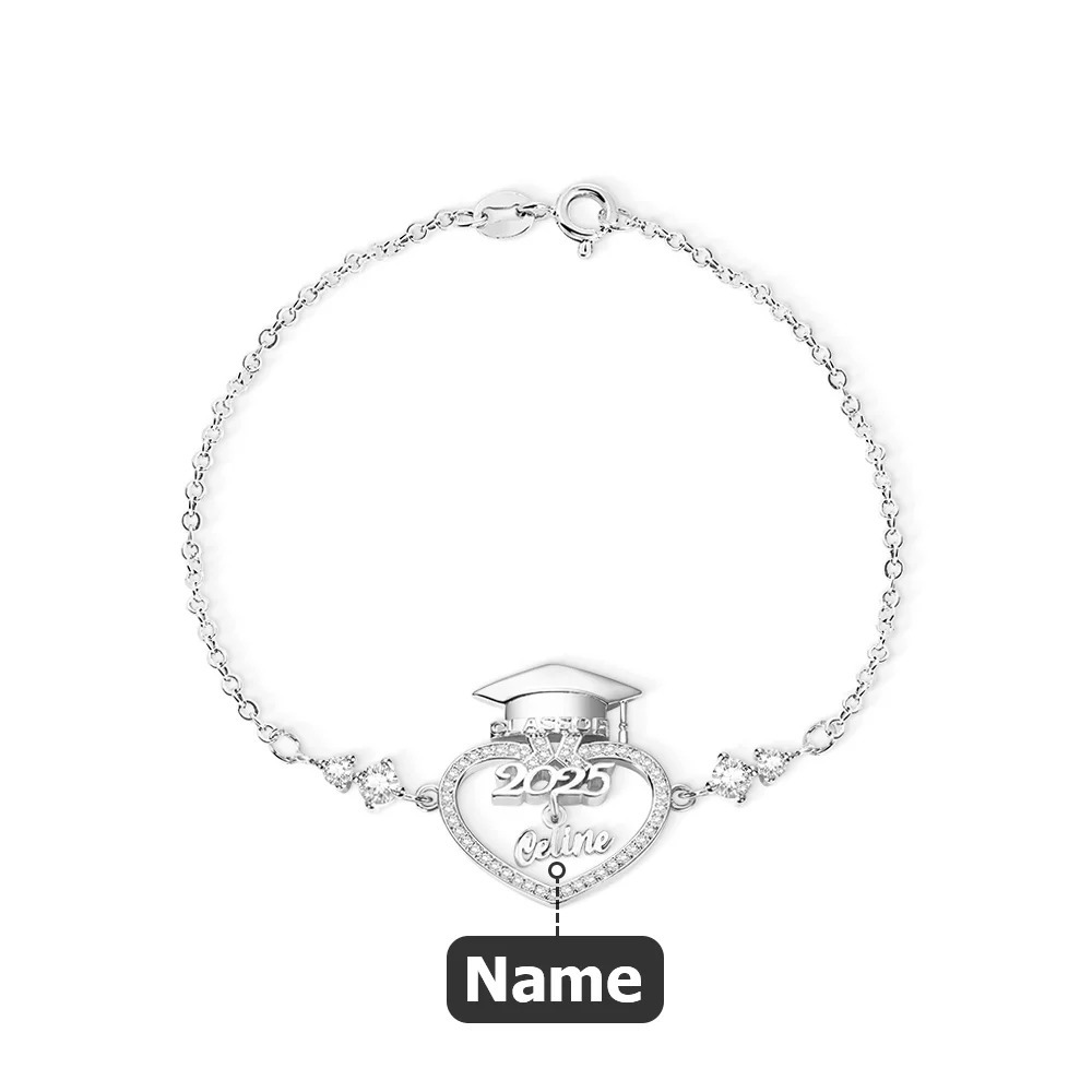 Personalized Dainty Bachelor Hat Heart Zircon Bracelet with Name Woman Jewelry 2025 Graduation Birthday Gift for Graduates