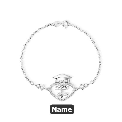 Personalized Dainty Bachelor Hat Heart Zircon Bracelet with Name Woman Jewelry 2025 Graduation Birthday Gift for Graduates
