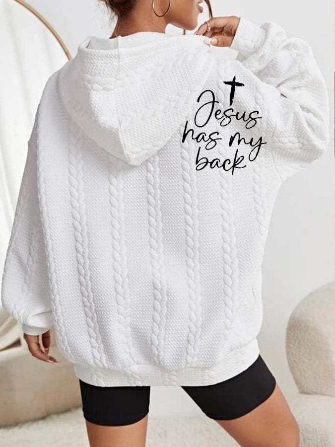 Women's Faith Jesus Has My Back Printed Casual Cable Hoodie