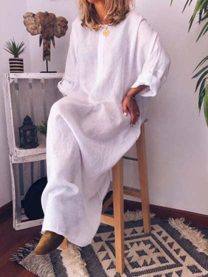 women's cotton and linen solid color loose dress