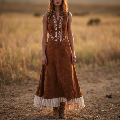 Women's Bohemian Elegance: Embroidered Brown Maxi Dress