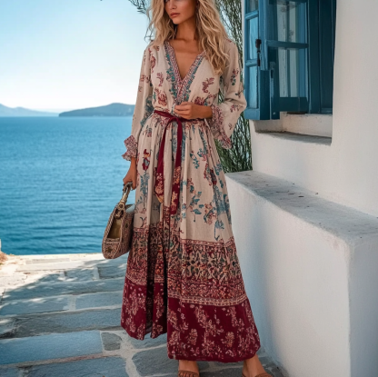 Women's V-neck Bohemian Vacation Style Maxi Dress