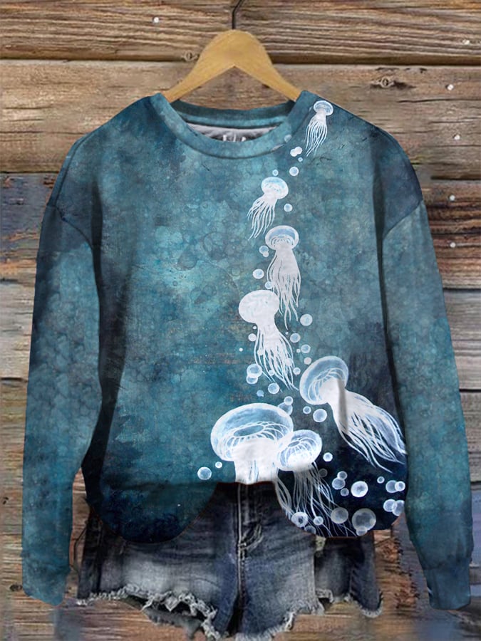 Women's Retro Jellyfish Print Crewneck Sweatshirt