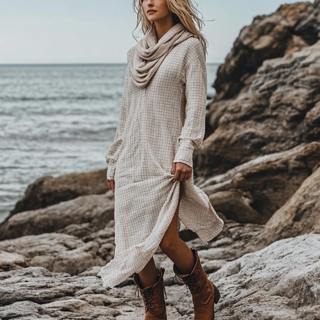 Bohemian Irregular Hem Pile Collar Linen Dress