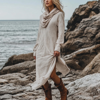 Bohemian Irregular Hem Pile Collar Linen Dress