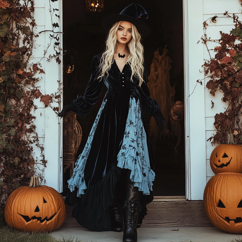 Halloween Party Gothic Witch Velvet Lace Splicing Dress