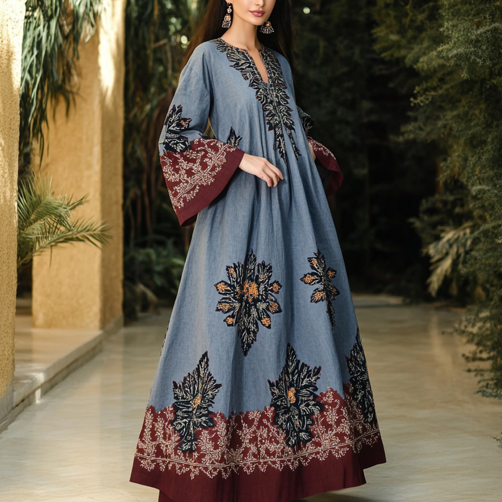 Women's Middle Eastern Floral Print Contrast Color Stitching Temperament Four Seasons Robe Dress