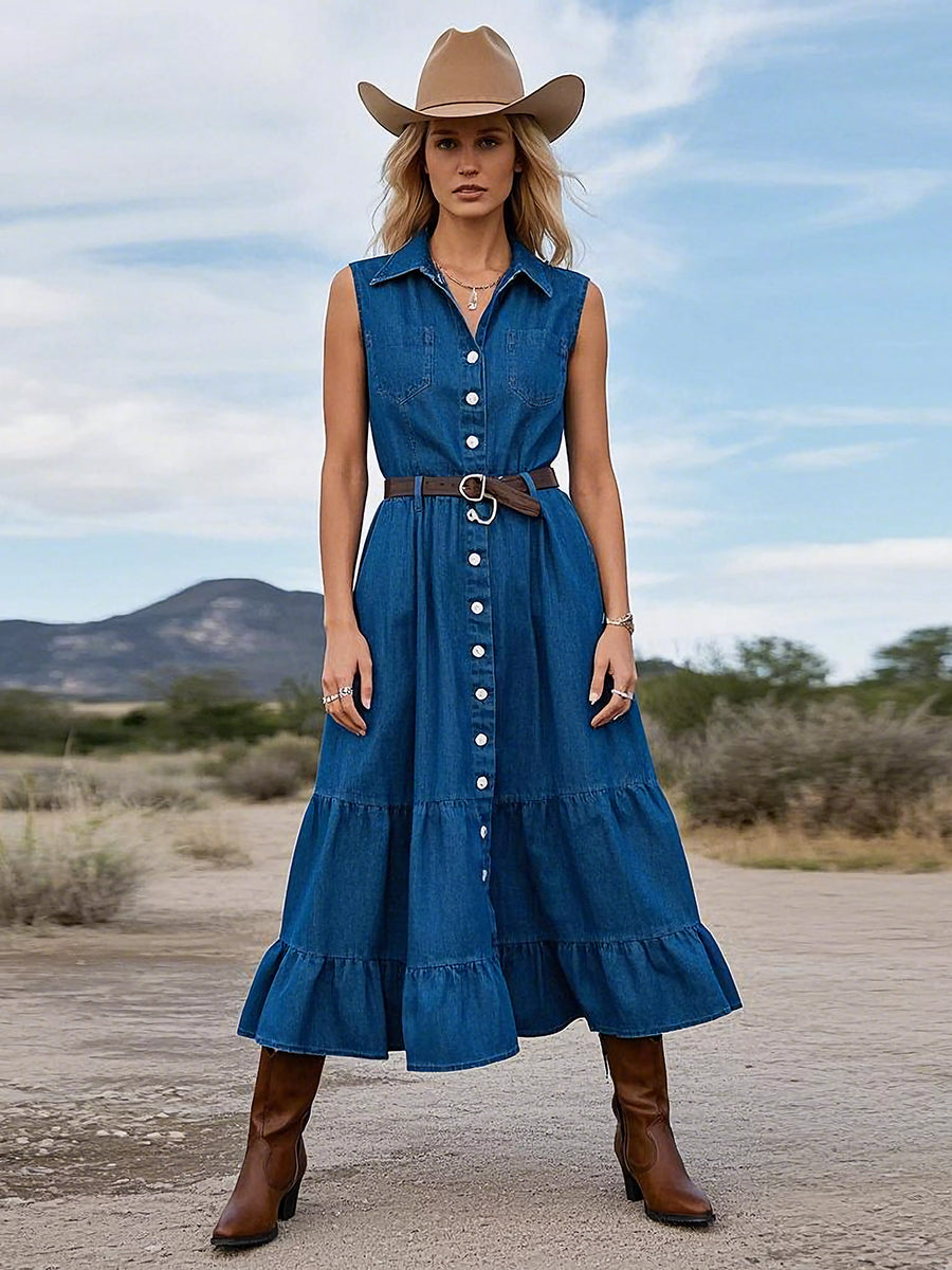 Women's Retro Denim Maxi Dress With Ruffle Hem