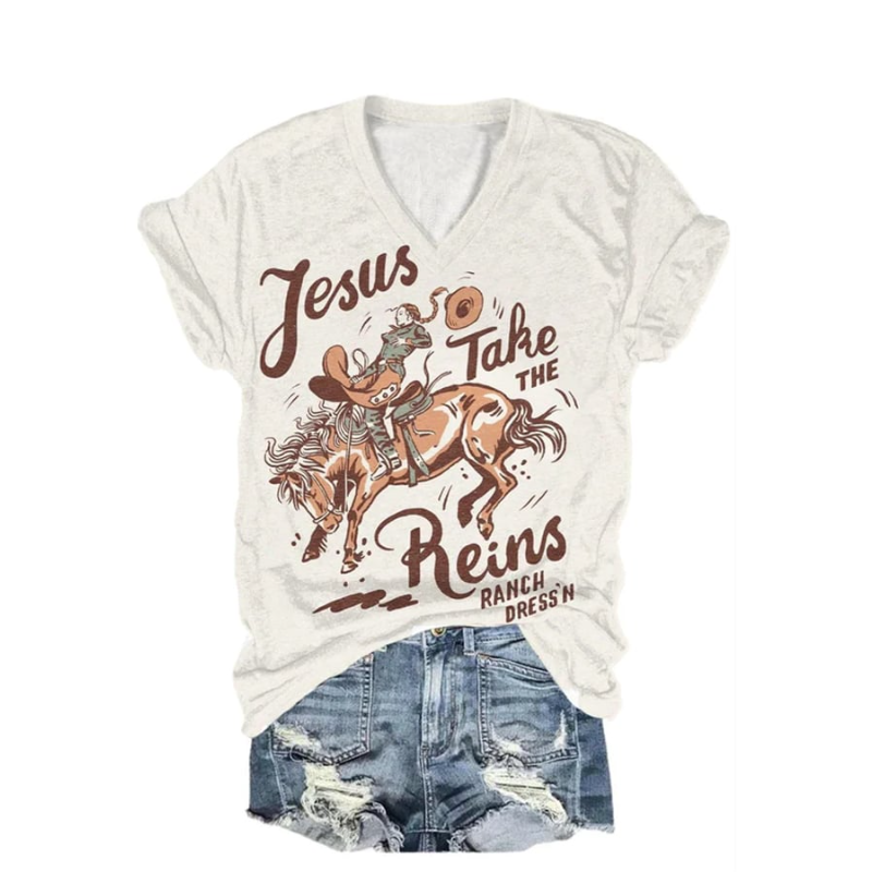 Women's Jesus Take The Reins Ranch Dress'N Print Casual T-Shirt
