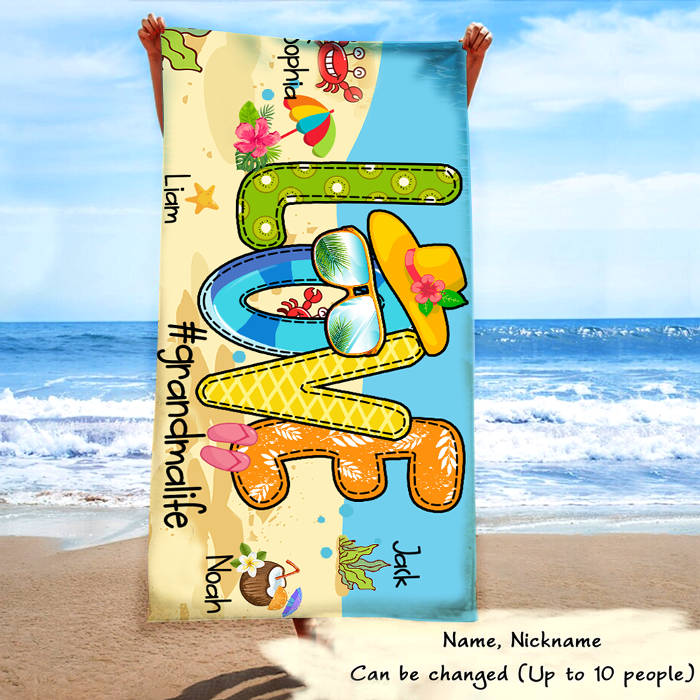 Personalized Grandma Beach Towel, Beach Love Gift for Grandma and Kids, Summer Beach Towel