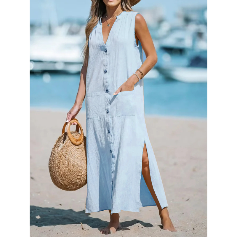 Solid Color Single Breasted Sleeveless Dress