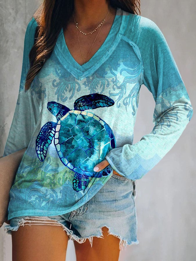 Women's Casual Sea Turtle Print Long Sleeve T-Shirt