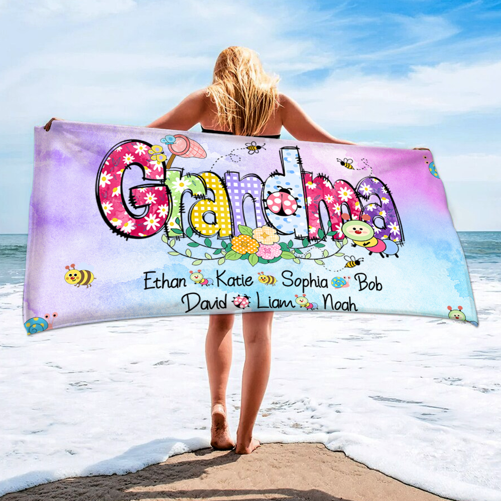 Personalized Summer Beach Towels, Flowers Gifts Grandma, Custom Nickname And Kids, Summer Beach Towels