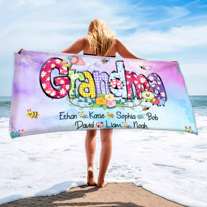 Personalized Summer Beach Towels, Flowers Gifts Grandma, Custom Nickname And Kids, Summer Beach Towels