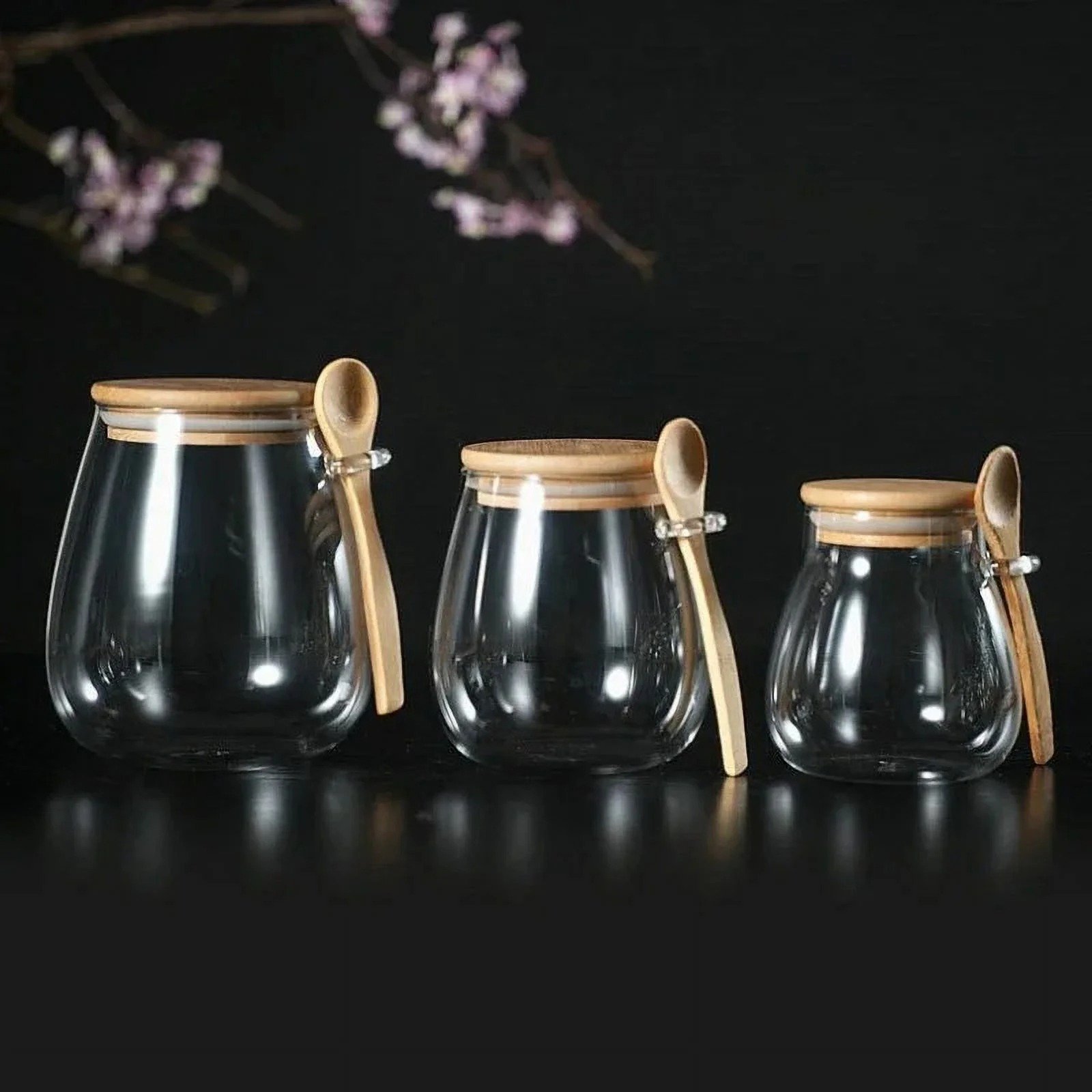 Sealed Glass Storage Jar with Bamboo Lid, Leak-Proof, Wide Mouth Design, Spoon Included 🍶🌿