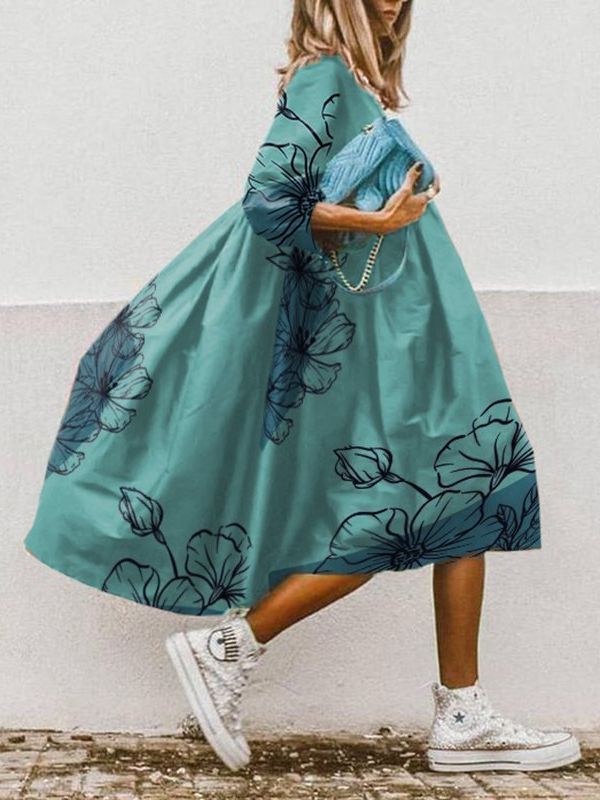Women's Summer Long Sleeve Round Neck Printed Large Skirt Dress