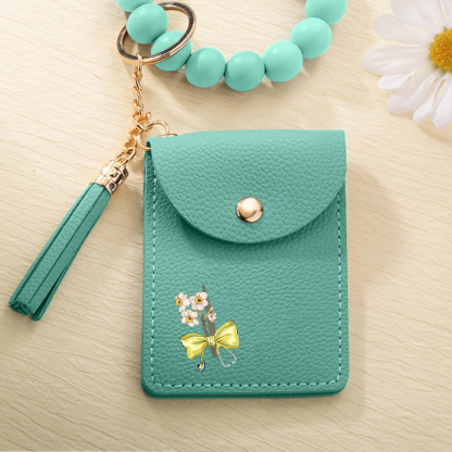 Personalized Birth Flower Bow-knot Stethoscope Tassel Keychain Wristlet Leather Wallet  Gift