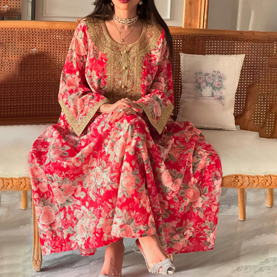 Women's Middle Eastern Romantic Floral Print Dress