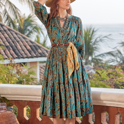 Women's Bohemian Floral Print Midi Dress With Waist Belt