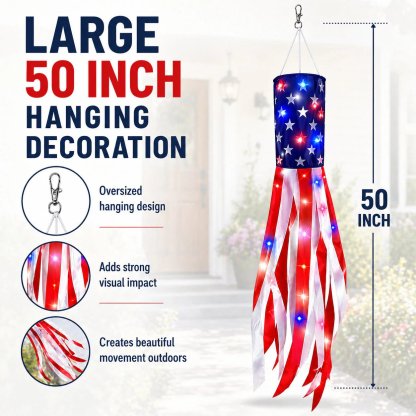 💈💈3 Pack 50 Inch Large American Flag Windsocks with Red White Blue Lights