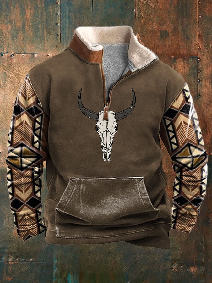 Men's Retro Ethnic Print Plush Half Open Collar Pullover