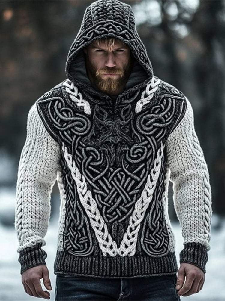 Men's Viking Inspired Runes Celtic Chunky Knit Cozy Hooded Sweater