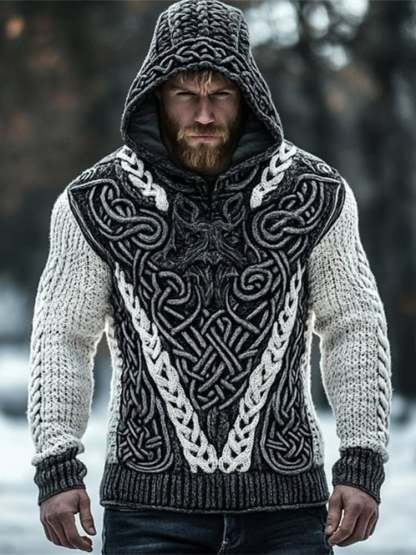 Men's Viking Inspired Runes Celtic Chunky Knit Cozy Hooded Sweater