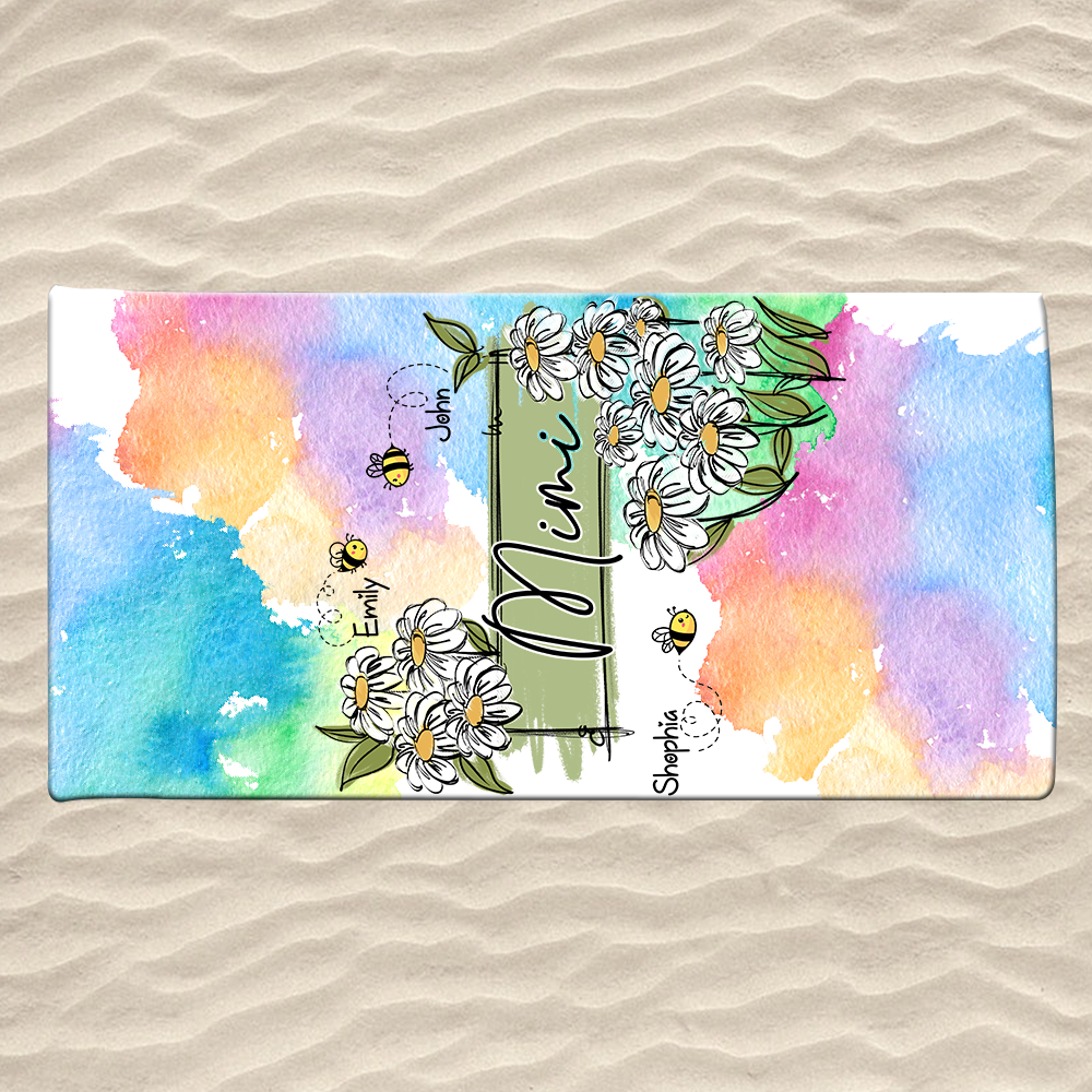 Personalized Summer Beach Towels, Daisy Flowers Gifts for Grandma and Custom Baby Bees, Summer Beach Towels