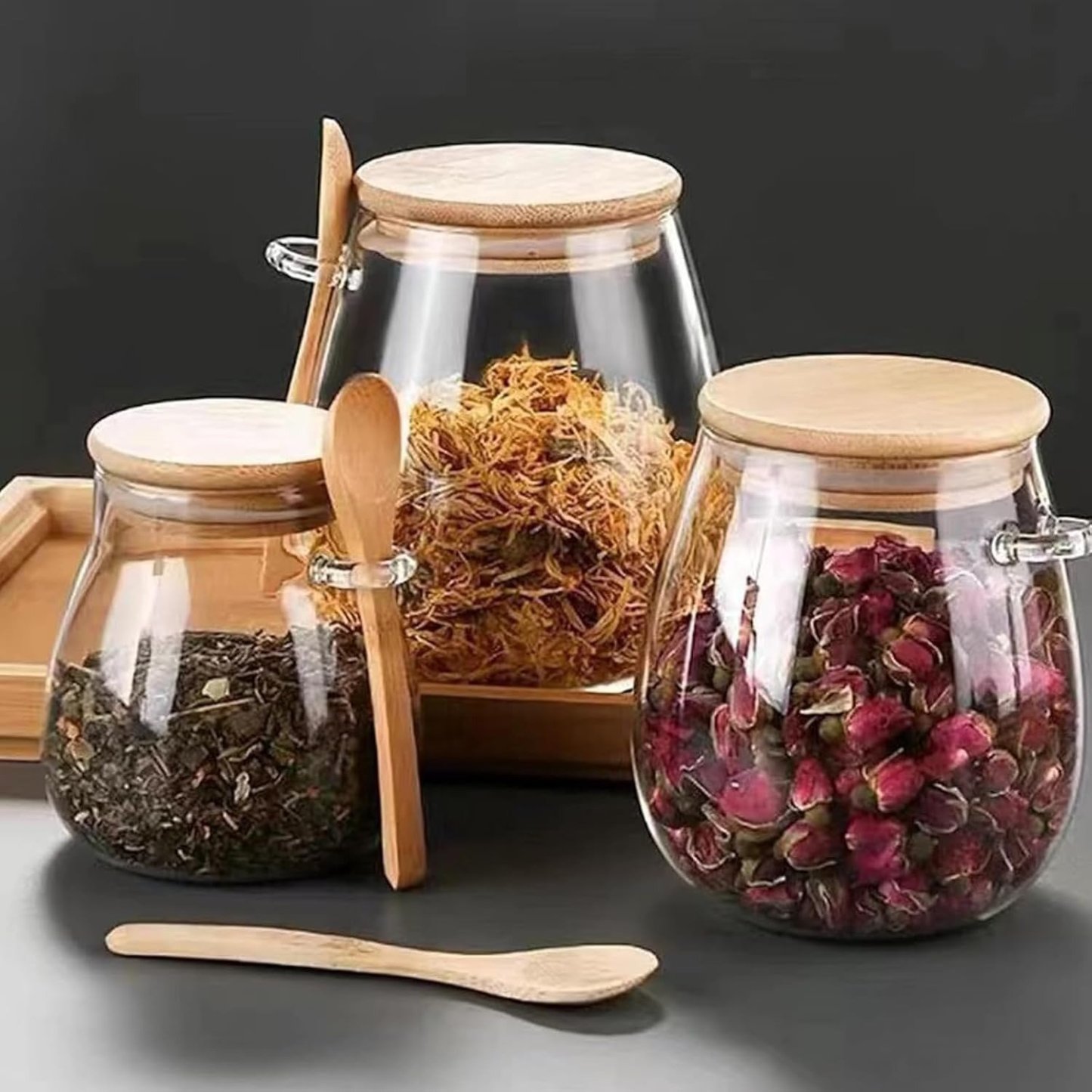 Sealed Glass Storage Jar with Bamboo Lid, Leak-Proof, Wide Mouth Design, Spoon Included 🍶🌿