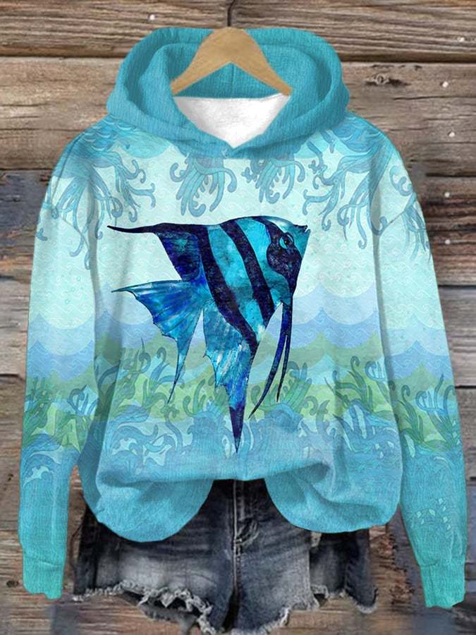 Women's Casual Sea Turtle Print Hooded Long Sleeve Sweatshirt