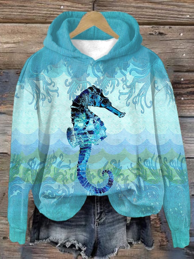 Women's Casual Sea Turtle Print Hooded Long Sleeve Sweatshirt