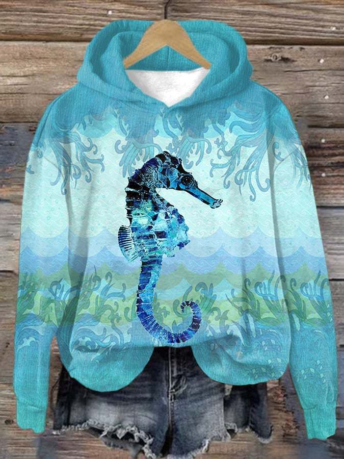 Women's Casual Sea Turtle Print Hooded Long Sleeve Sweatshirt