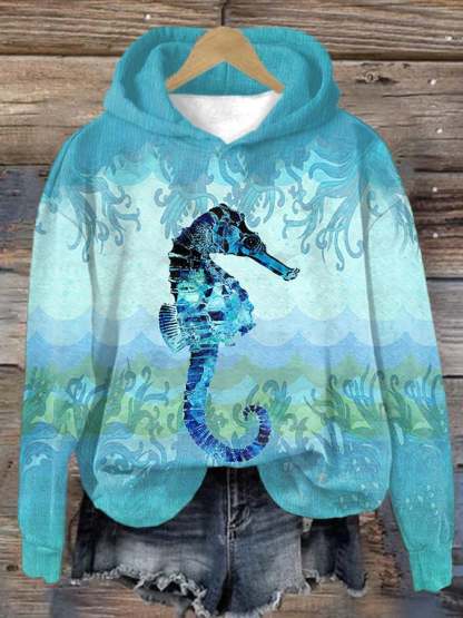 Women's Casual Sea Turtle Print Hooded Long Sleeve Sweatshirt