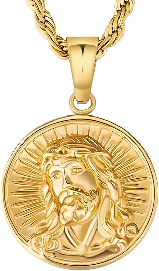 Coin Pendant Medallion Necklace, Jesus/St. Christopher/Cross Circle Gold Vintage Coin Necklace For Men, 2.5mm, 22in
