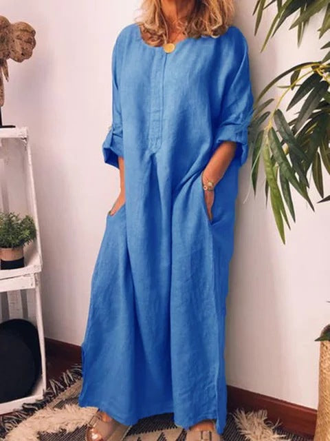 women's cotton and linen solid color loose dress