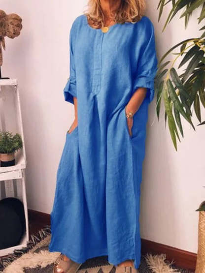 women's cotton and linen solid color loose dress