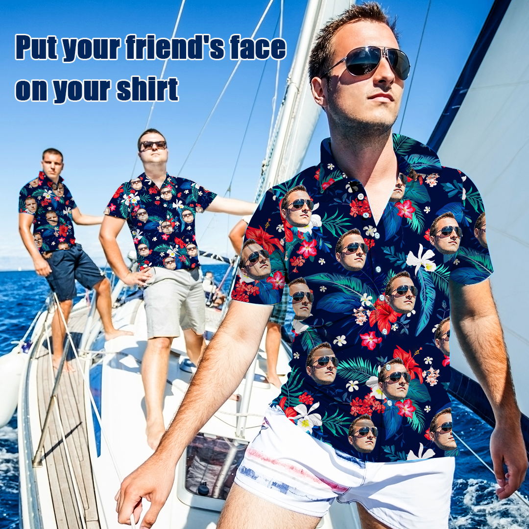 Custom Face Shirt Hawaiian Shirt Tropical Leaves and Flowers