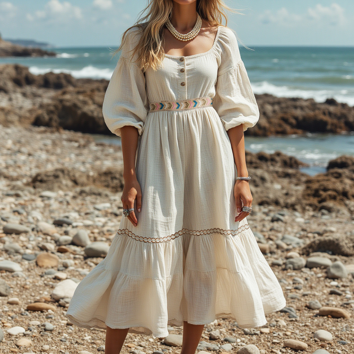 Women's Casual Vacation Seaside Cotton And Linen Puff Sleeve Long Dress
