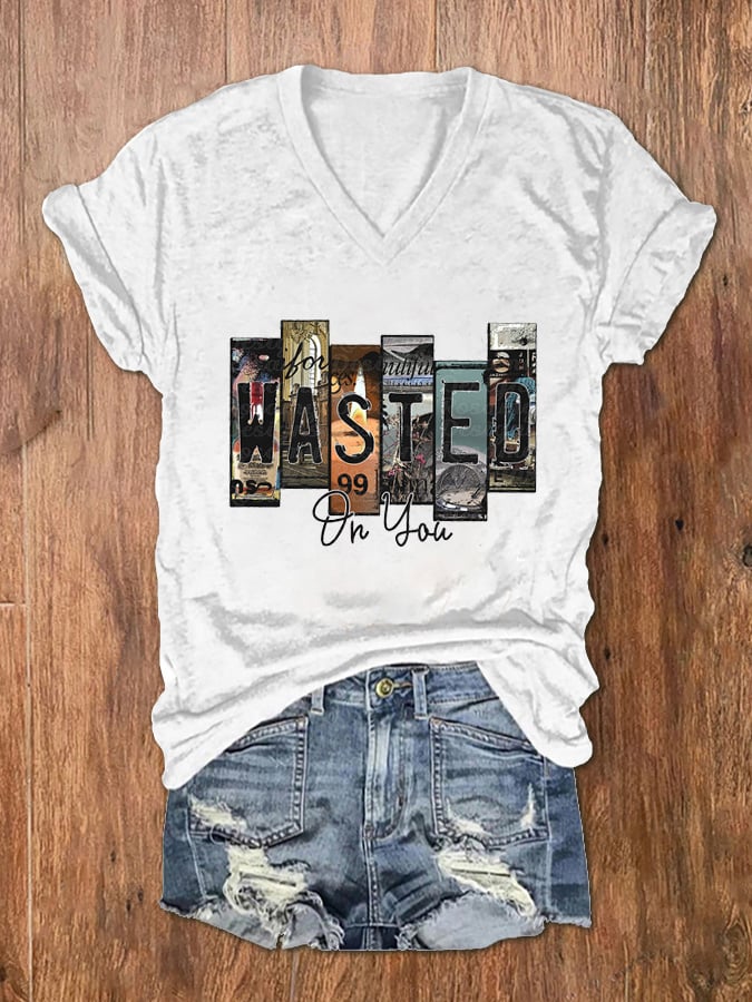 Women's Wallen Wasted On You Print V-Neck Basic T-Shirt