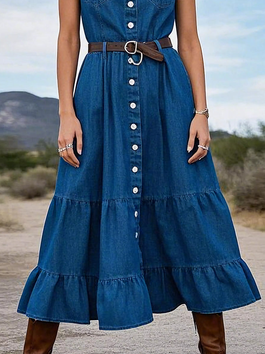 Women's Retro Denim Maxi Dress With Ruffle Hem