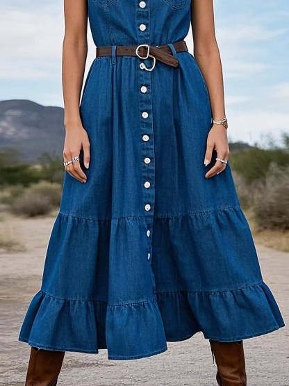 Women's Retro Denim Maxi Dress With Ruffle Hem